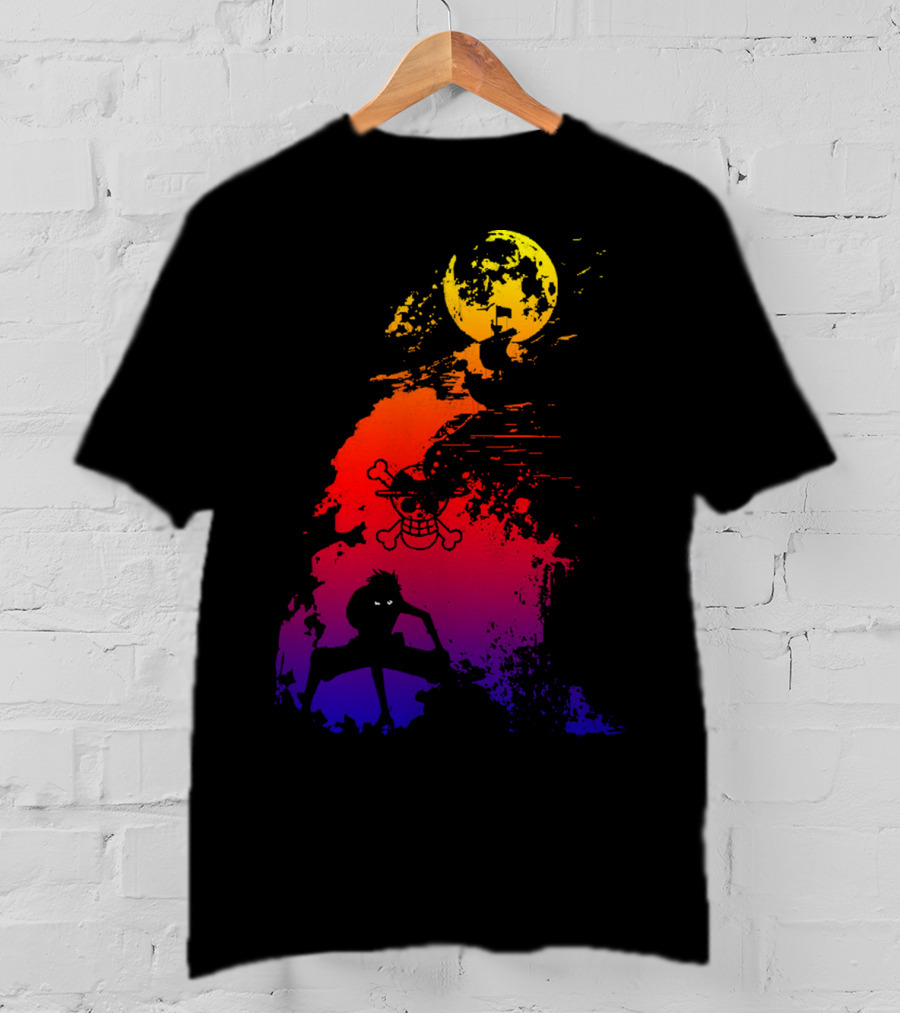 Monkey D. Luffy Shadow Art With Straw Hat Pirate Emblem And Moon T-Shirt