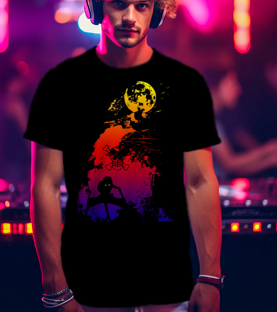 Monkey D. Luffy Shadow Art With Straw Hat Pirate Emblem And Moon T-Shirt
