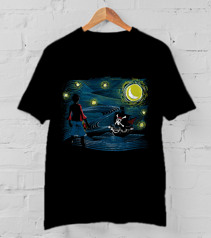 Starry Sea Voyage With Pirate Ship Under Starry Night Sky T-Shirt