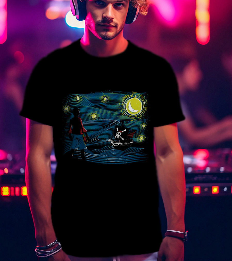 Starry Sea Voyage With Pirate Ship Under Starry Night Sky T-Shirt