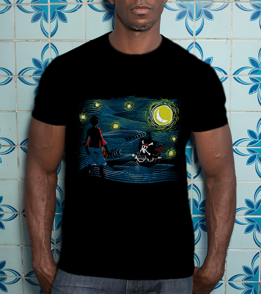 Starry Sea Voyage With Pirate Ship Under Starry Night Sky T-Shirt