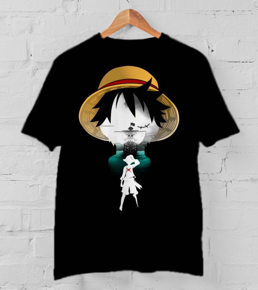 Strawhat Pirate Silhouette Design With Iconic Ship And Sea Adventure T-Shirt