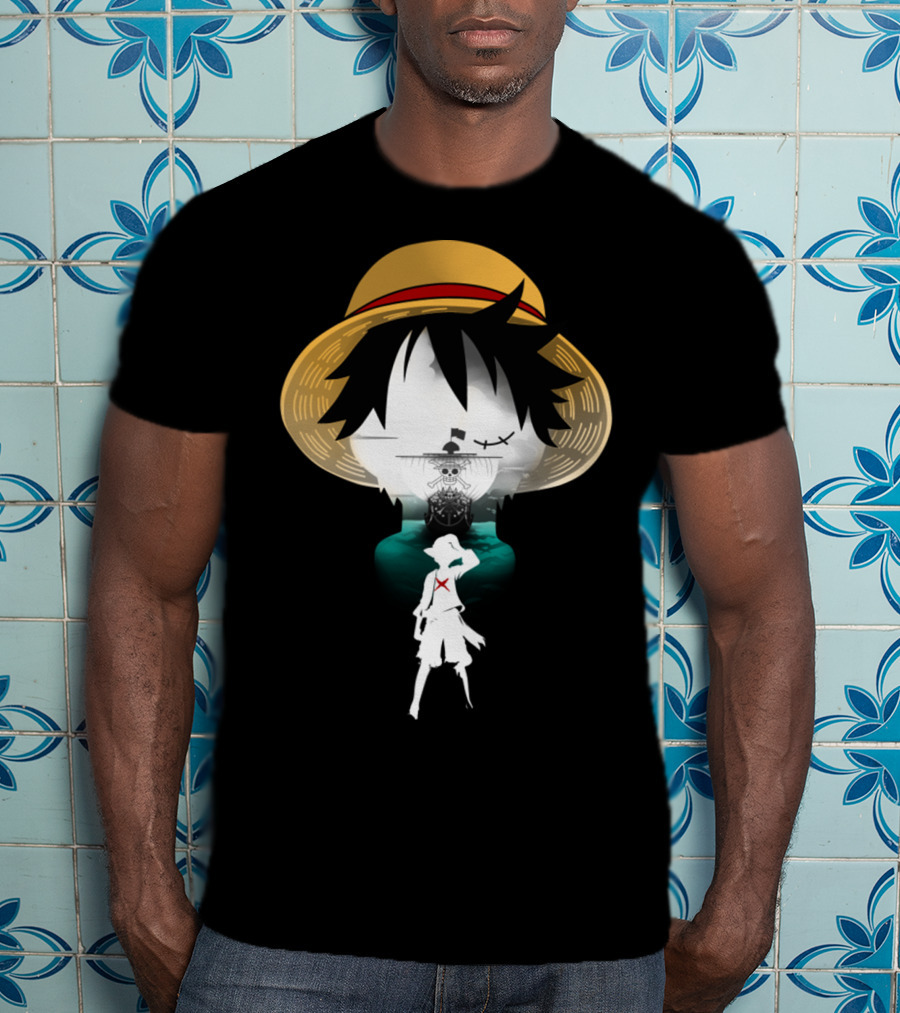 Strawhat Pirate Silhouette Design With Iconic Ship And Sea Adventure T-Shirt