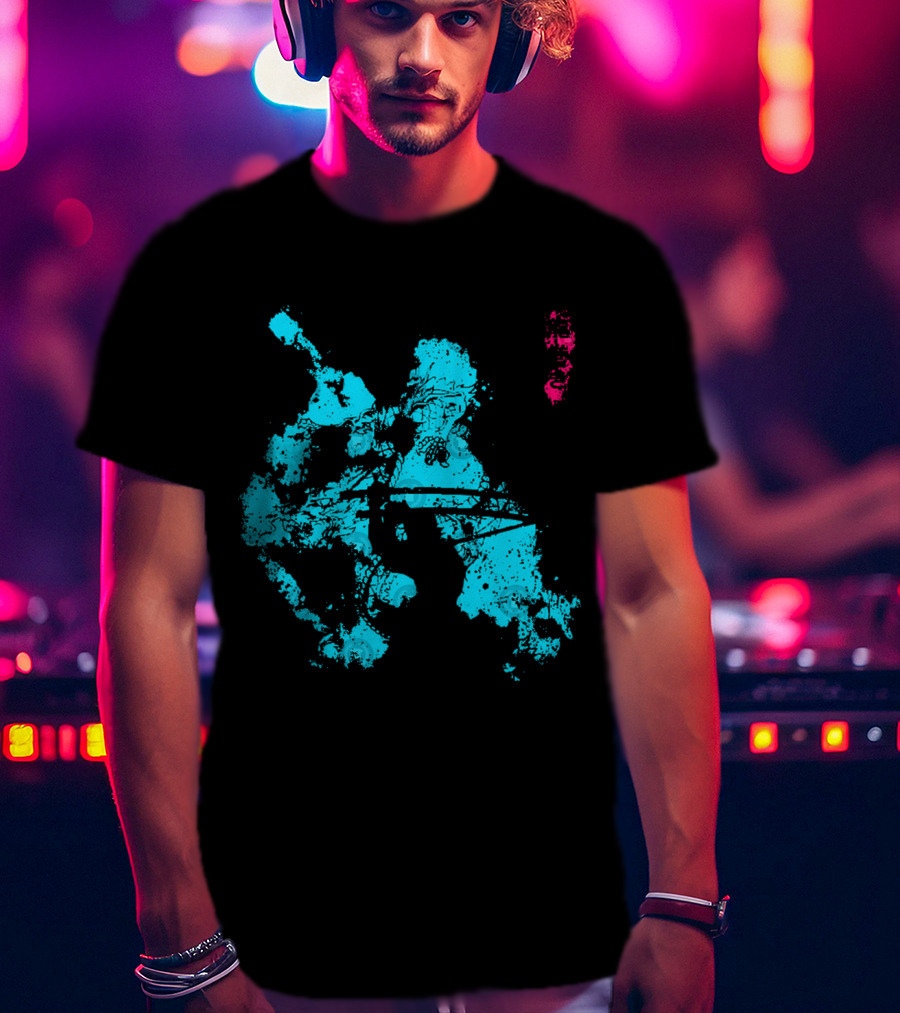 Tastumaki Splatter Art Print In Vibrant Teal And Magenta T-Shirt