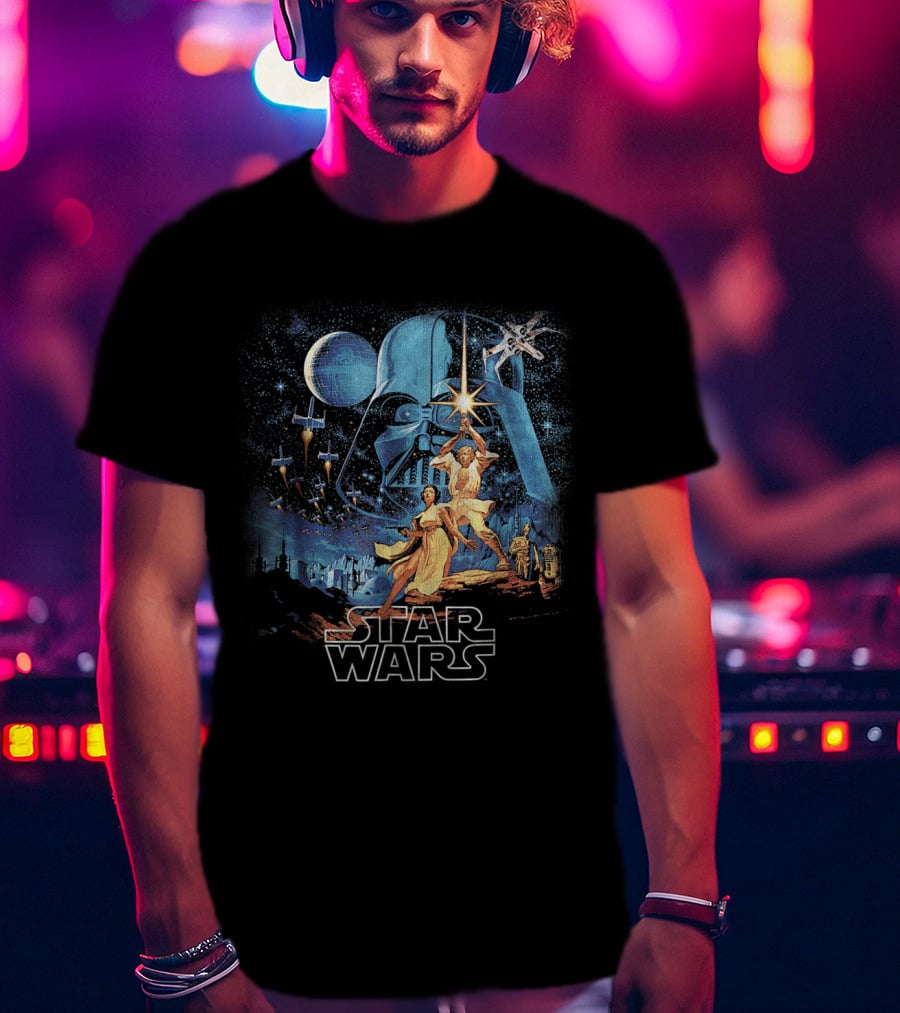 Star Wars A New Hope Faded Darth Vader Luke Leia Lightsabers X-Wing TIE Fighters Classic T-Shirt