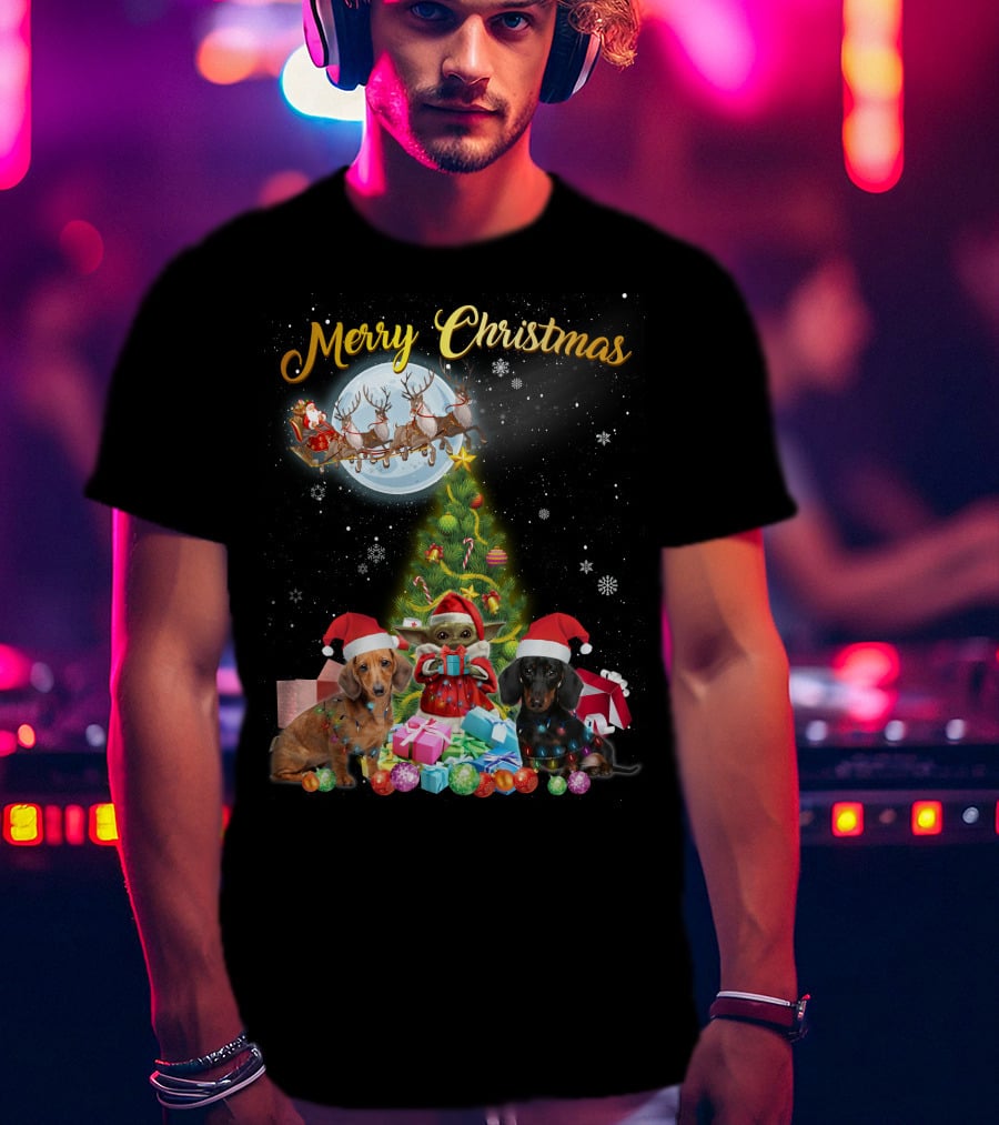 Merry Christmas Dachshund Santa Sleigh Gifts Tree T-Shirt