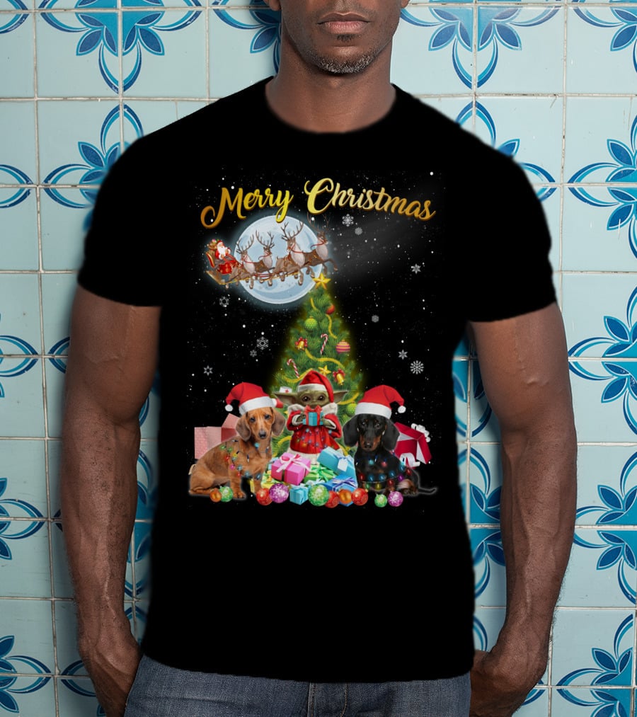 Merry Christmas Dachshund Santa Sleigh Gifts Tree T-Shirt