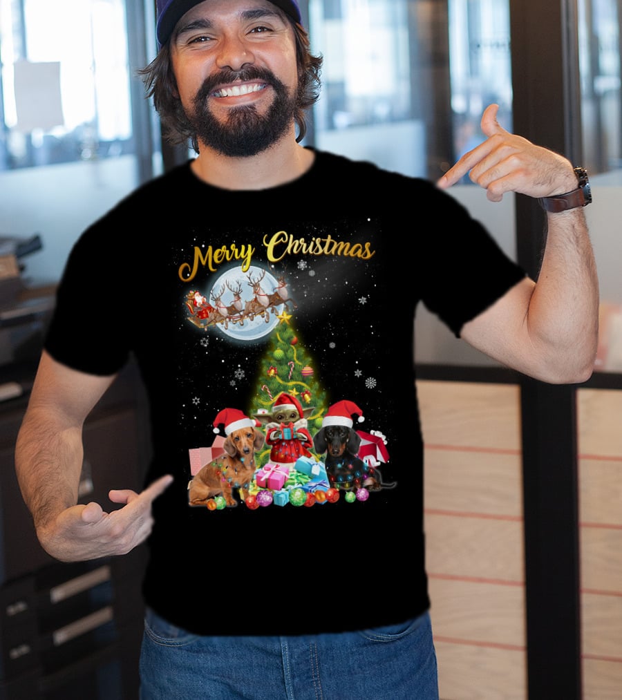 Merry Christmas Dachshund Santa Sleigh Gifts Tree T-Shirt