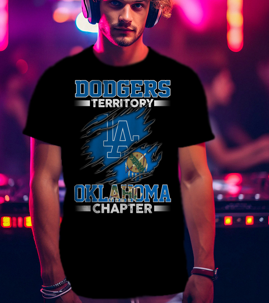 Dodgers Territory Oklahoma Chapter LA Logo Ripped Flag T-Shirt