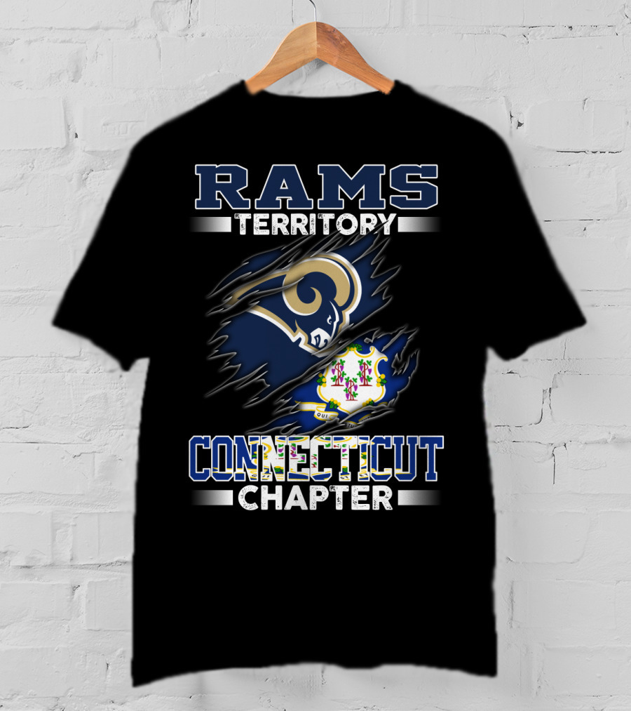 Rams Territory Connecticut Chapter Blue And White Design With Iconic Ram Logo And Connecticut State Symbol T-Shirt