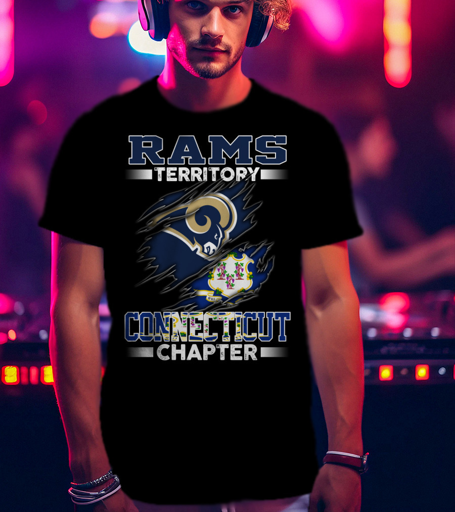 Rams Territory Connecticut Chapter Blue And White Design With Iconic Ram Logo And Connecticut State Symbol T-Shirt