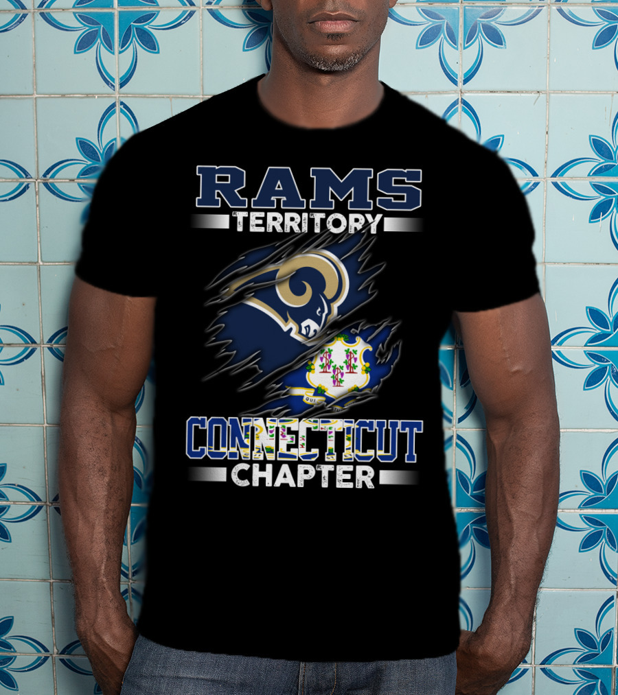 Rams Territory Connecticut Chapter Blue And White Design With Iconic Ram Logo And Connecticut State Symbol T-Shirt