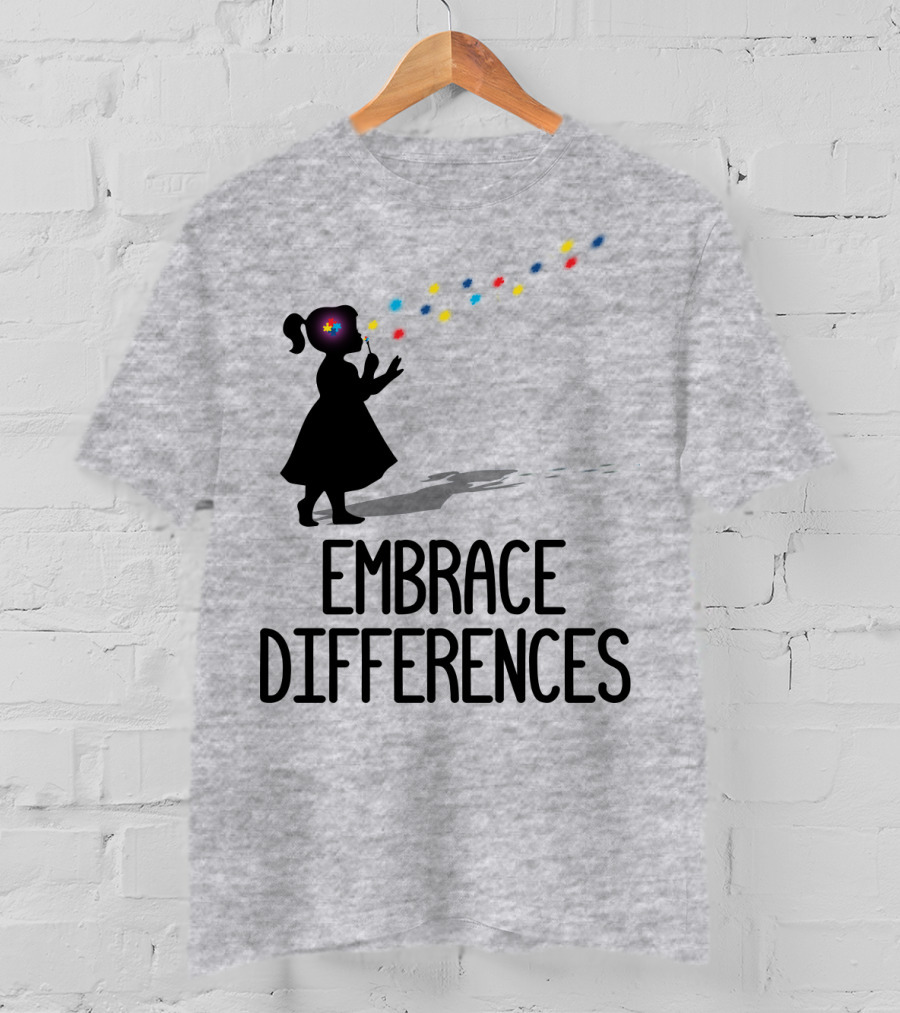 Embrace Differences Silhouette Girl With Autism Puzzle Flower And Colorful Bubbles T-Shirt