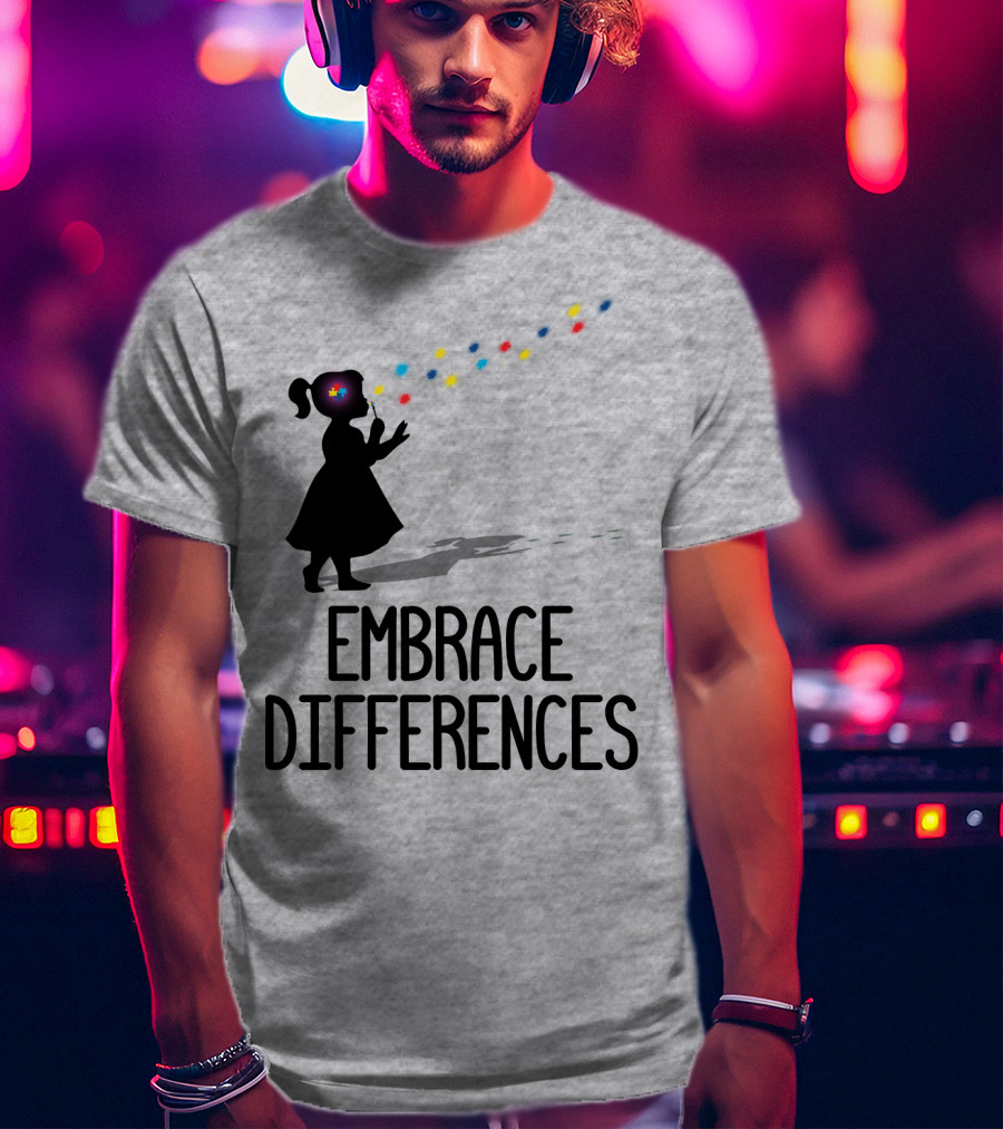 Embrace Differences Silhouette Girl With Autism Puzzle Flower And Colorful Bubbles T-Shirt