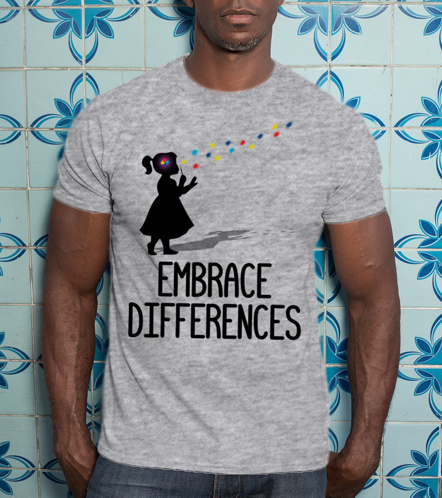 Embrace Differences Silhouette Girl With Autism Puzzle Flower And Colorful Bubbles T-Shirt