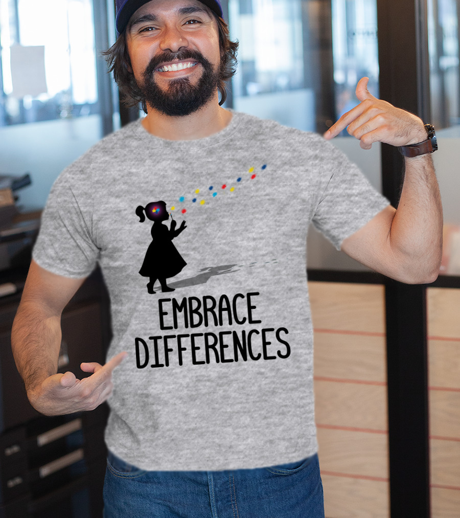 Embrace Differences Silhouette Girl With Autism Puzzle Flower And Colorful Bubbles T-Shirt