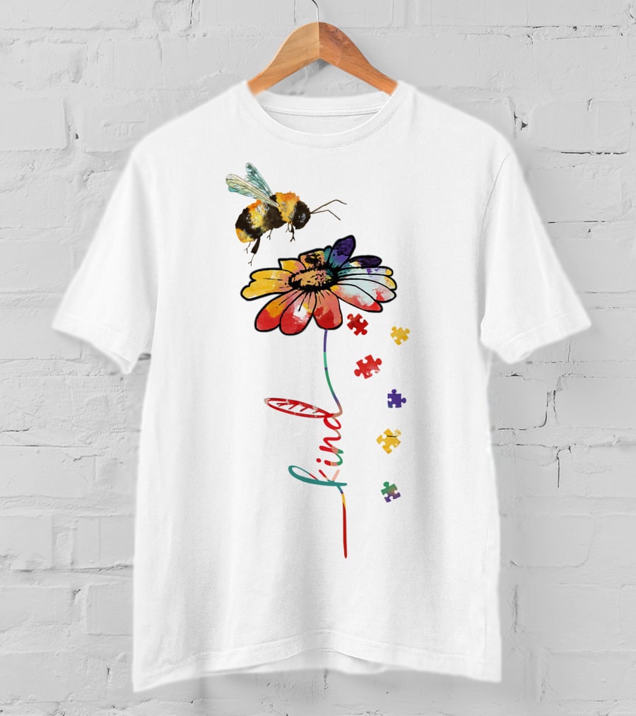 Bee Kind Puzzle Flower With Colorful Petals And Bumblebee T-Shirt
