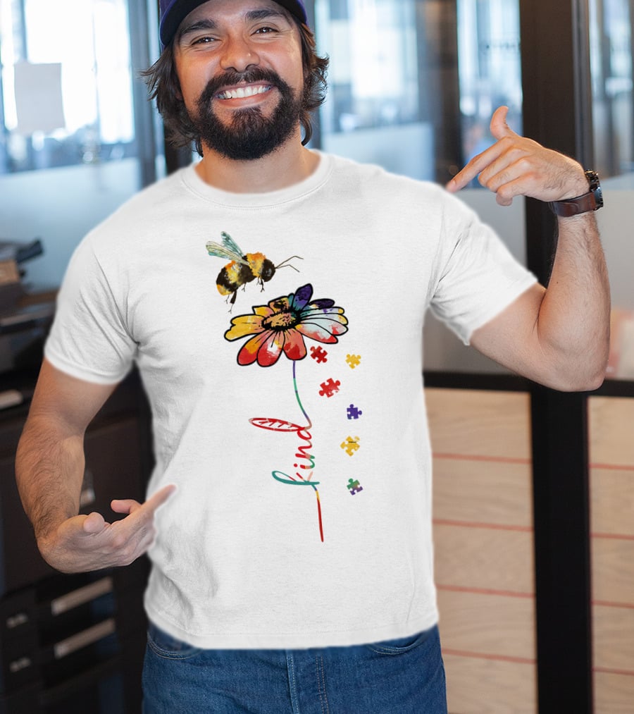 Bee Kind Puzzle Flower With Colorful Petals And Bumblebee T-Shirt