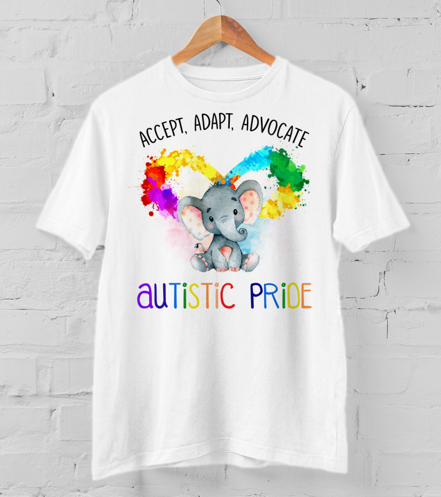 Accept, Adapt, Advocate Autistic Pride Colorful Elephant T-Shirt