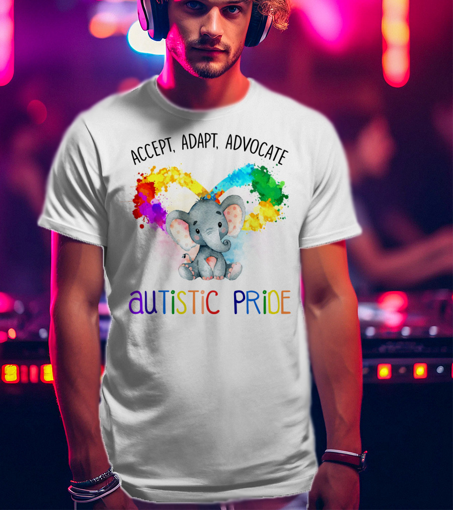 Accept, Adapt, Advocate Autistic Pride Colorful Elephant T-Shirt