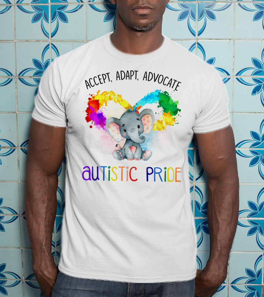 Accept, Adapt, Advocate Autistic Pride Colorful Elephant T-Shirt