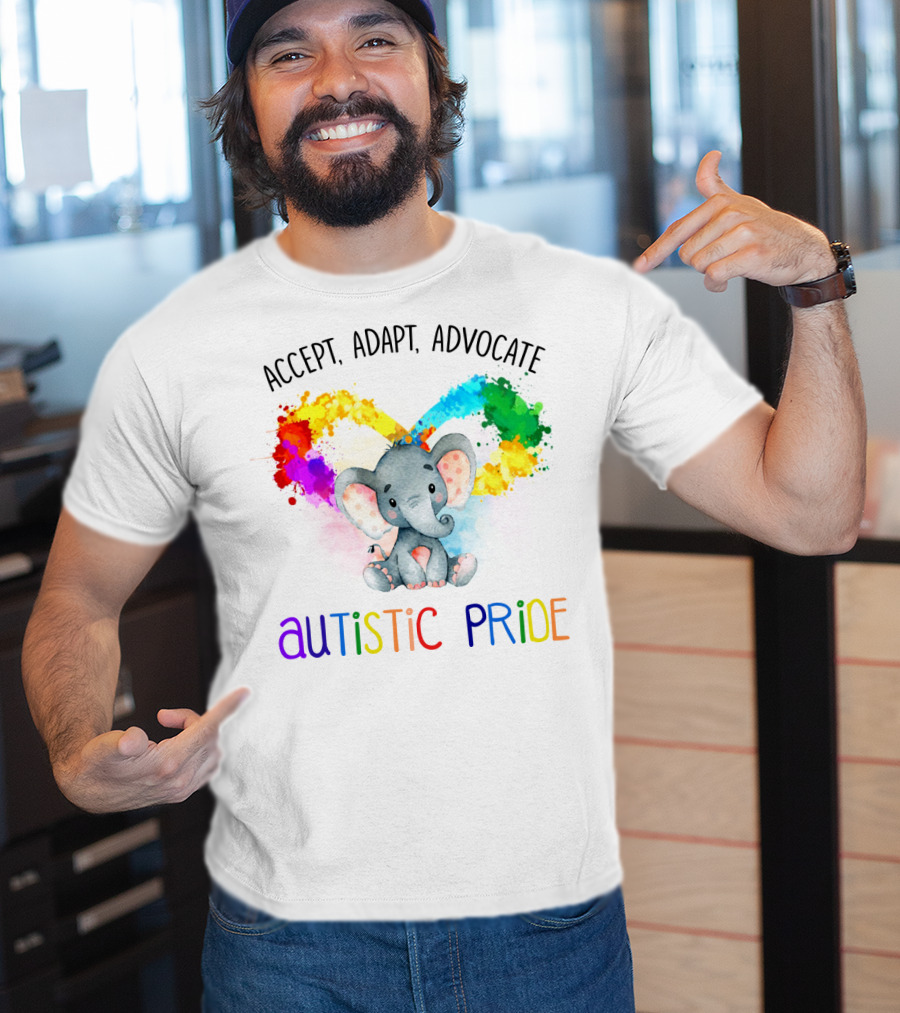 Accept, Adapt, Advocate Autistic Pride Colorful Elephant T-Shirt