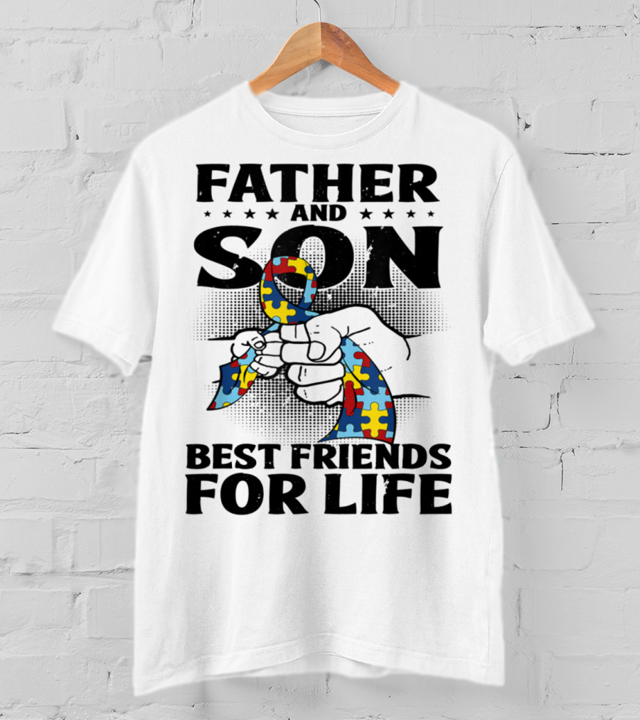 Father And Son Best Friends For Life Autism Puzzle Ribbon Fist Bump T-Shirt