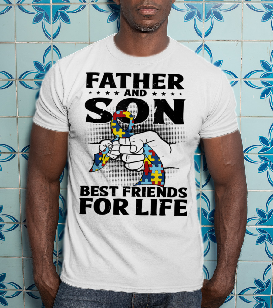 Father And Son Best Friends For Life Autism Puzzle Ribbon Fist Bump T-Shirt