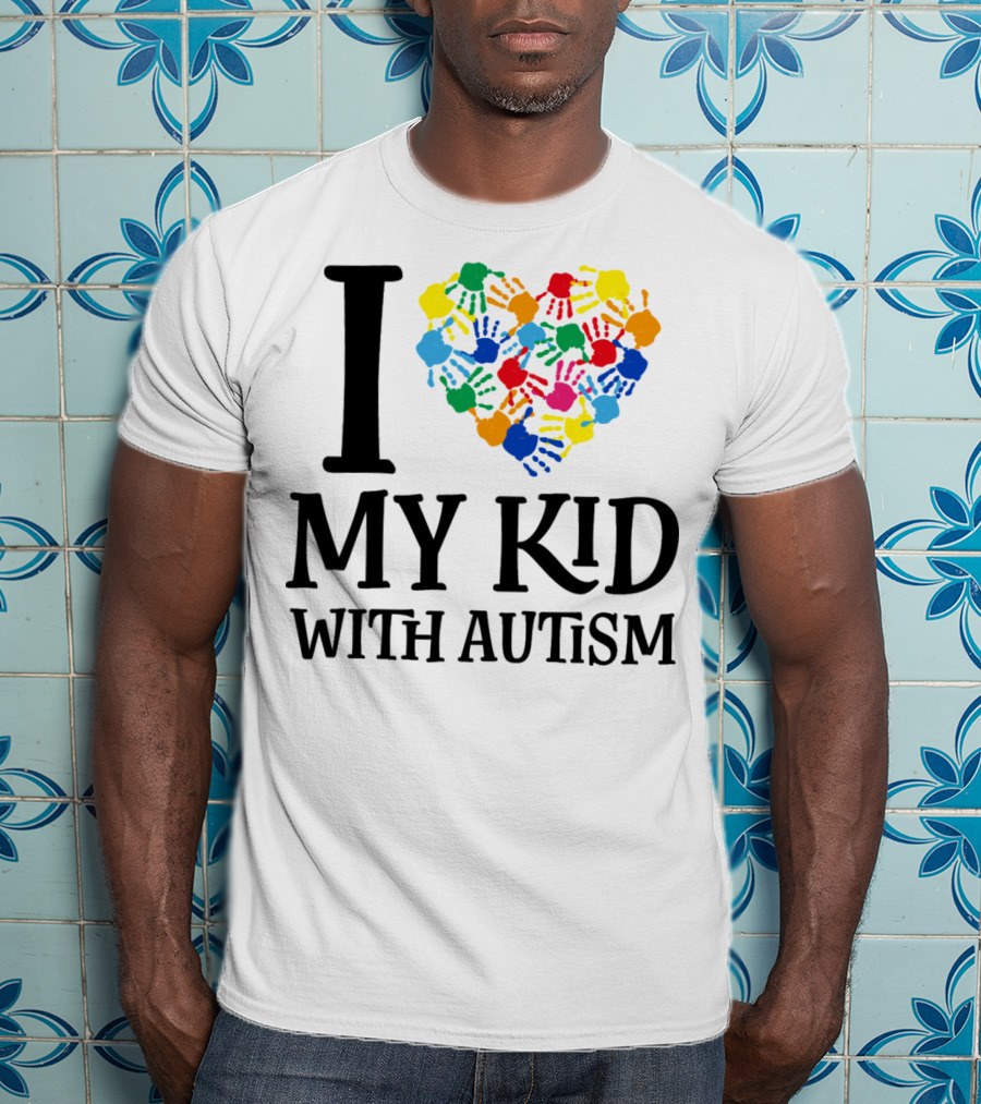 I Heart My Kid With Autism Multicolor Handprints T-Shirt