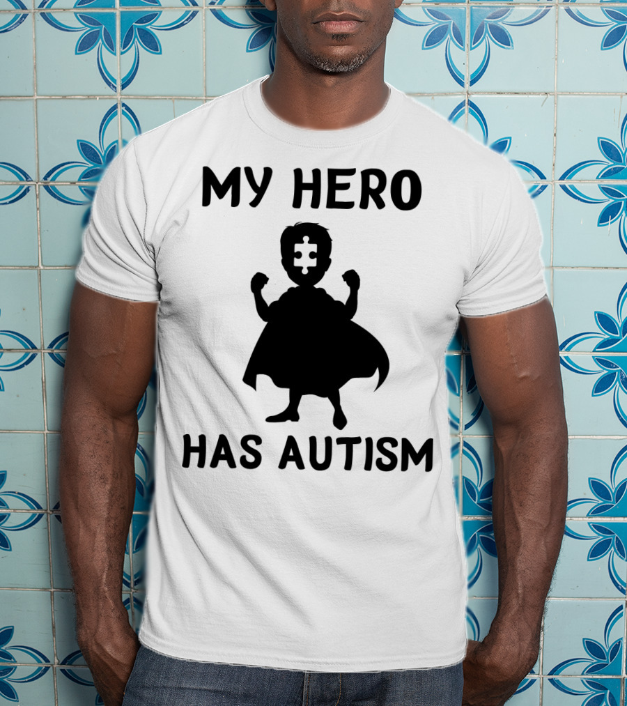 My Hero Has Autism Silhouette With Puzzle Piece Face T-Shirt