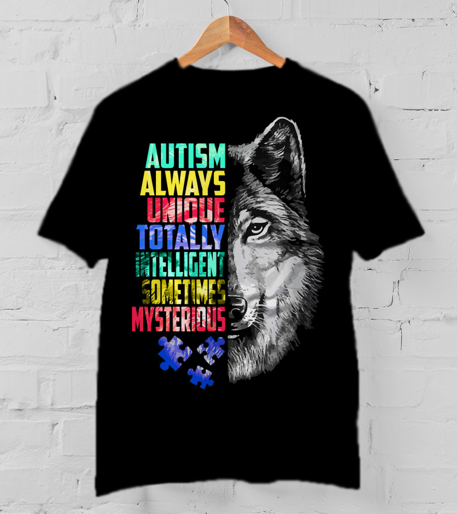 Autism Always Unique Totally Intelligent Sometimes Mysterious Wolf Puzzle T-Shirt