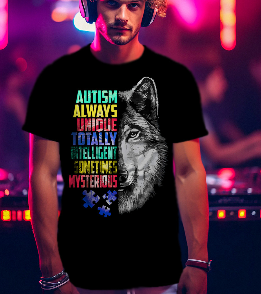Autism Always Unique Totally Intelligent Sometimes Mysterious Wolf Puzzle T-Shirt
