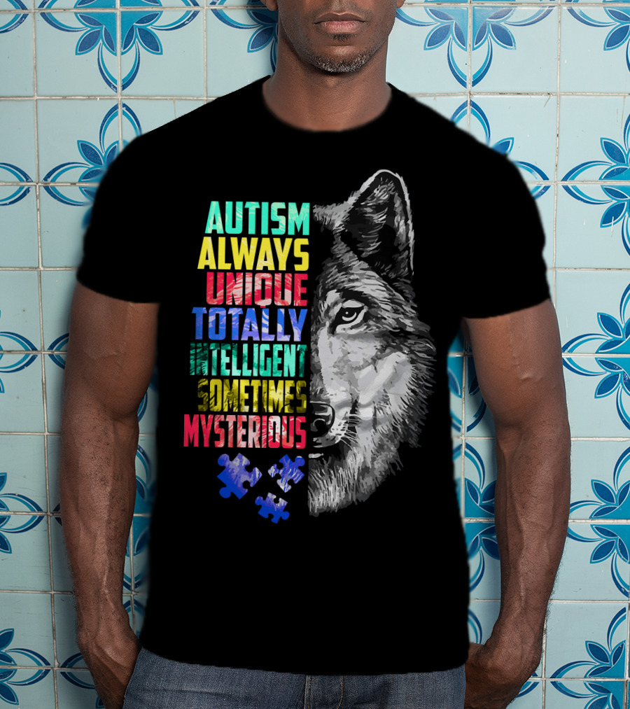 Autism Always Unique Totally Intelligent Sometimes Mysterious Wolf Puzzle T-Shirt