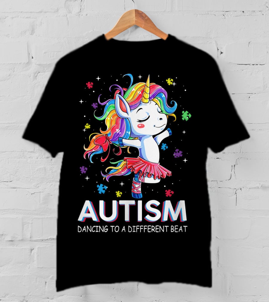 Autism Dancing To A Different Beat Unicorn Puzzle Pieces Rainbow Hair T-Shirt