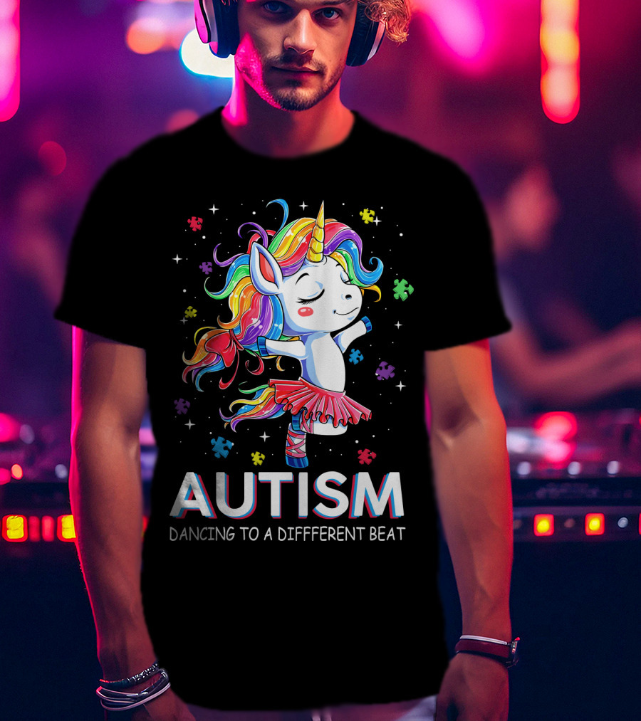 Autism Dancing To A Different Beat Unicorn Puzzle Pieces Rainbow Hair T-Shirt