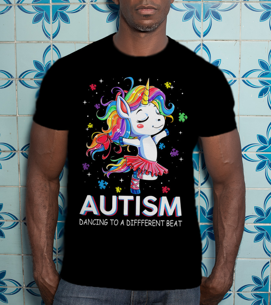 Autism Dancing To A Different Beat Unicorn Puzzle Pieces Rainbow Hair T-Shirt
