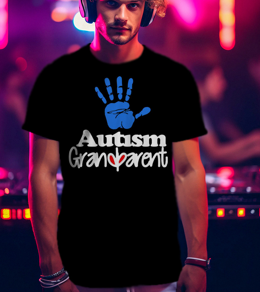 Autism Grandparent Blue Handprint Red Heart Inclusion T-Shirt