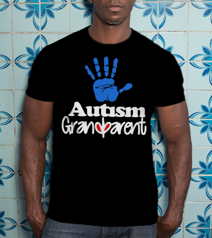 Autism Grandparent Blue Handprint Red Heart Inclusion T-Shirt