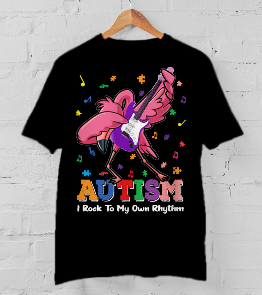 Autism I Rock To My Own Rhythm Flamingo With Guitar And Puzzle Pieces T-Shirt