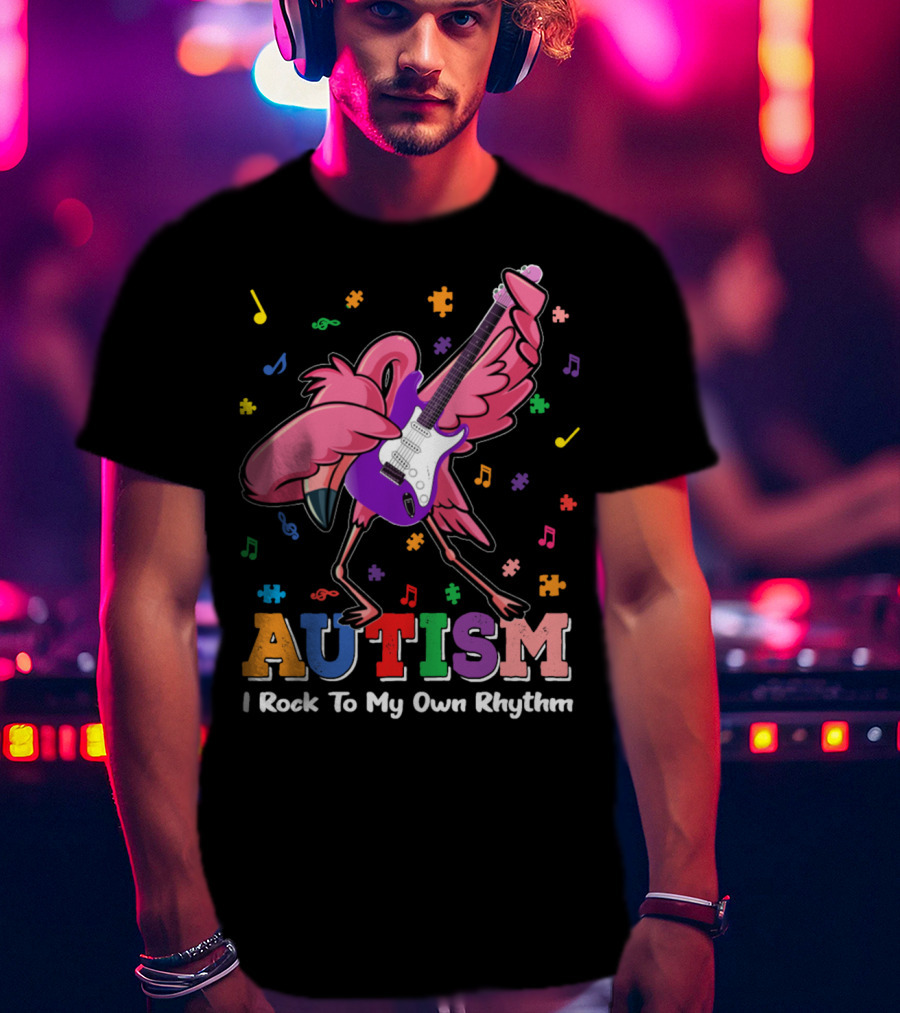 Autism I Rock To My Own Rhythm Flamingo With Guitar And Puzzle Pieces T-Shirt
