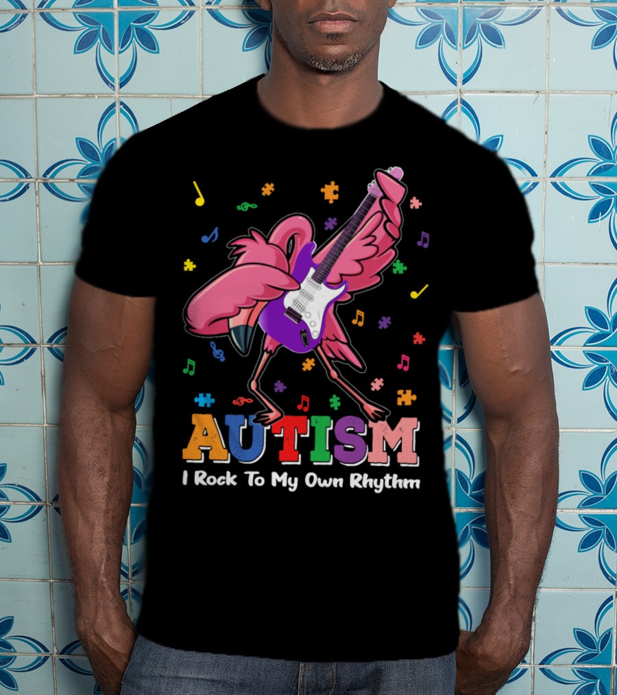 Autism I Rock To My Own Rhythm Flamingo With Guitar And Puzzle Pieces T-Shirt