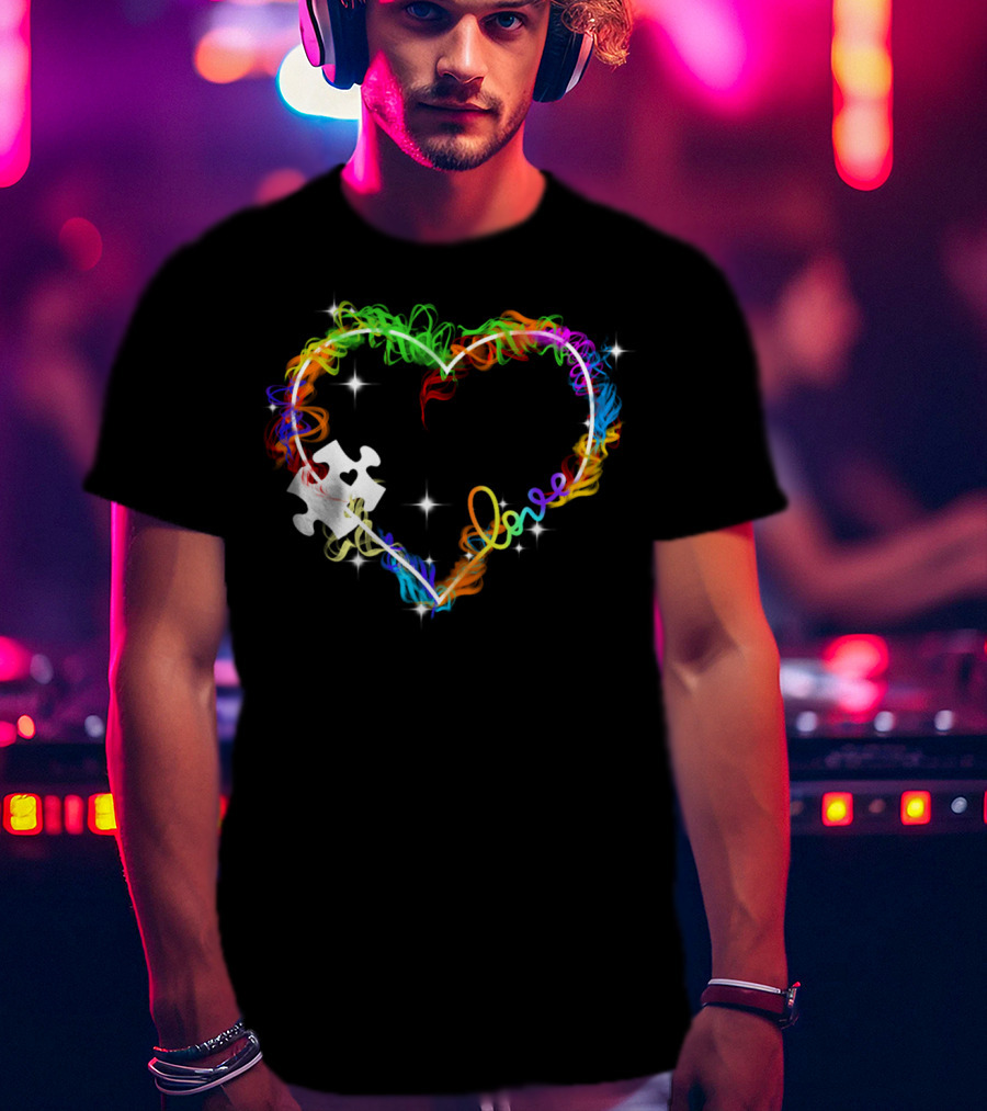 Love Heart Rainbow Puzzle Autism T-Shirt