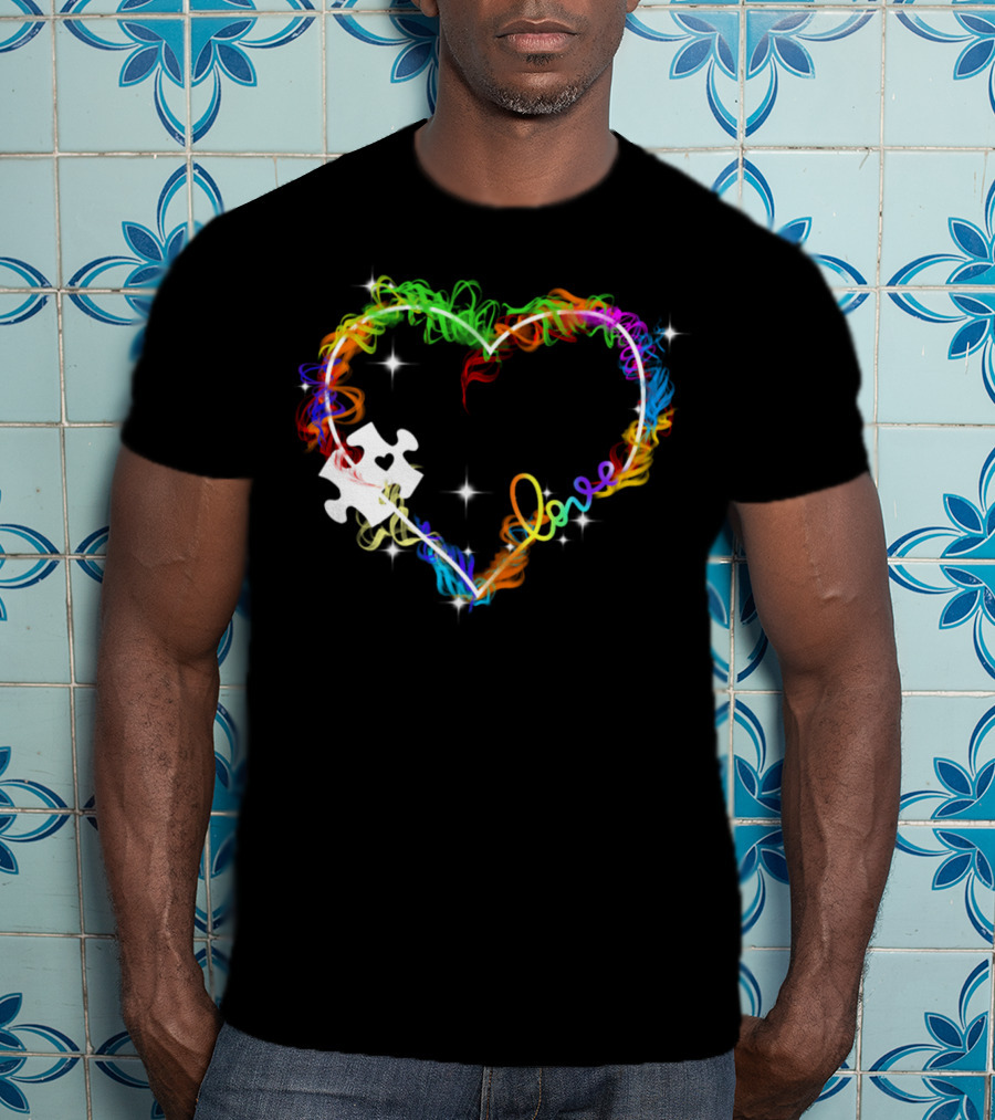 Love Heart Rainbow Puzzle Autism T-Shirt