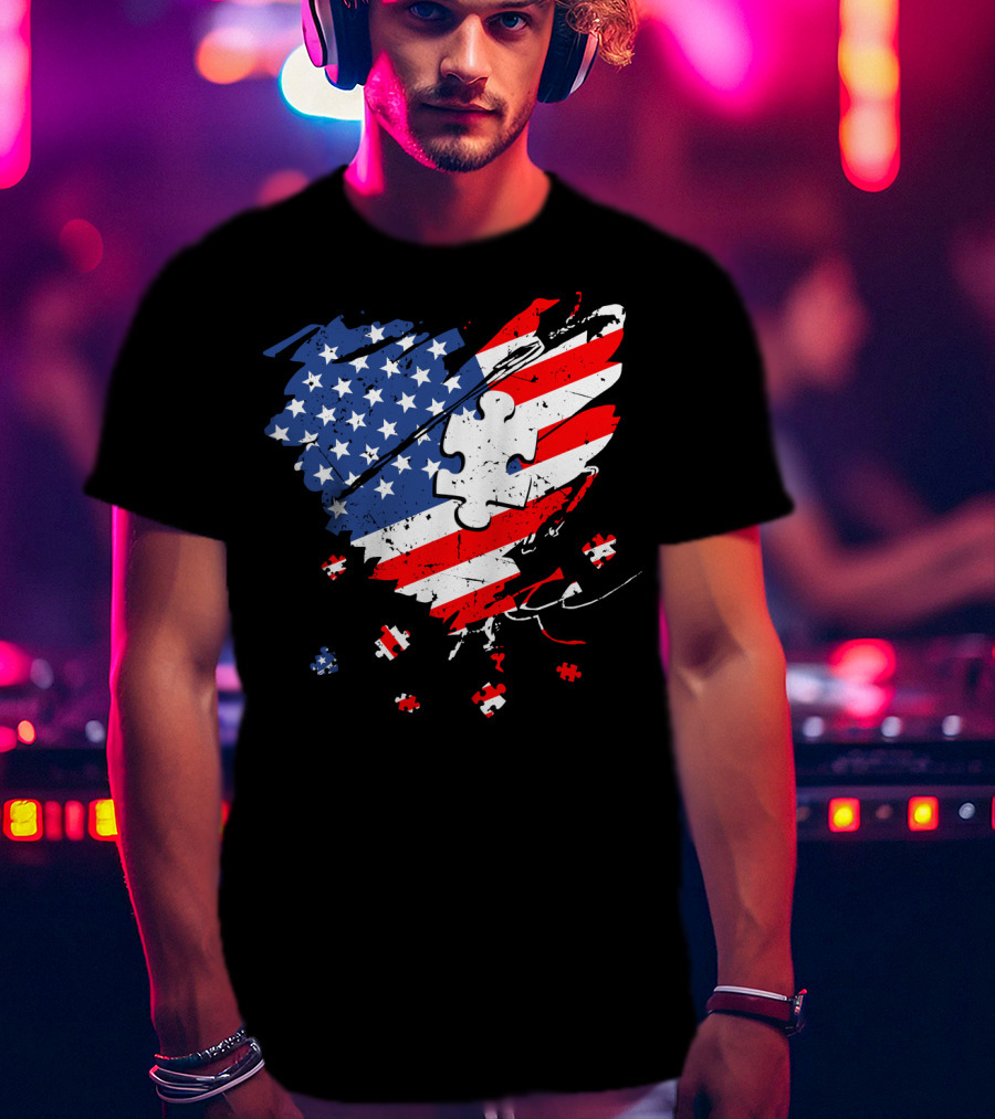 Autism USA Puzzle Heart Flag T-Shirt