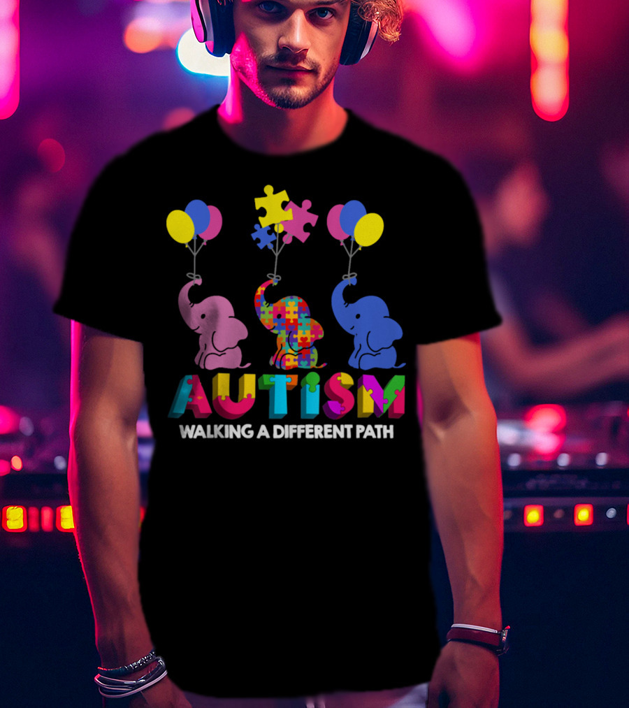 Autism Walking A Different Path Colorful Elephants And Balloons T-Shirt