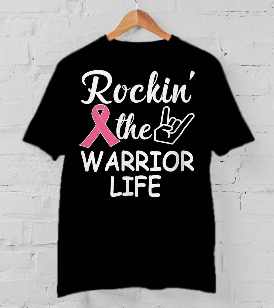 Rockin' The Warrior Life Pink Ribbon Rock Hand T-Shirt