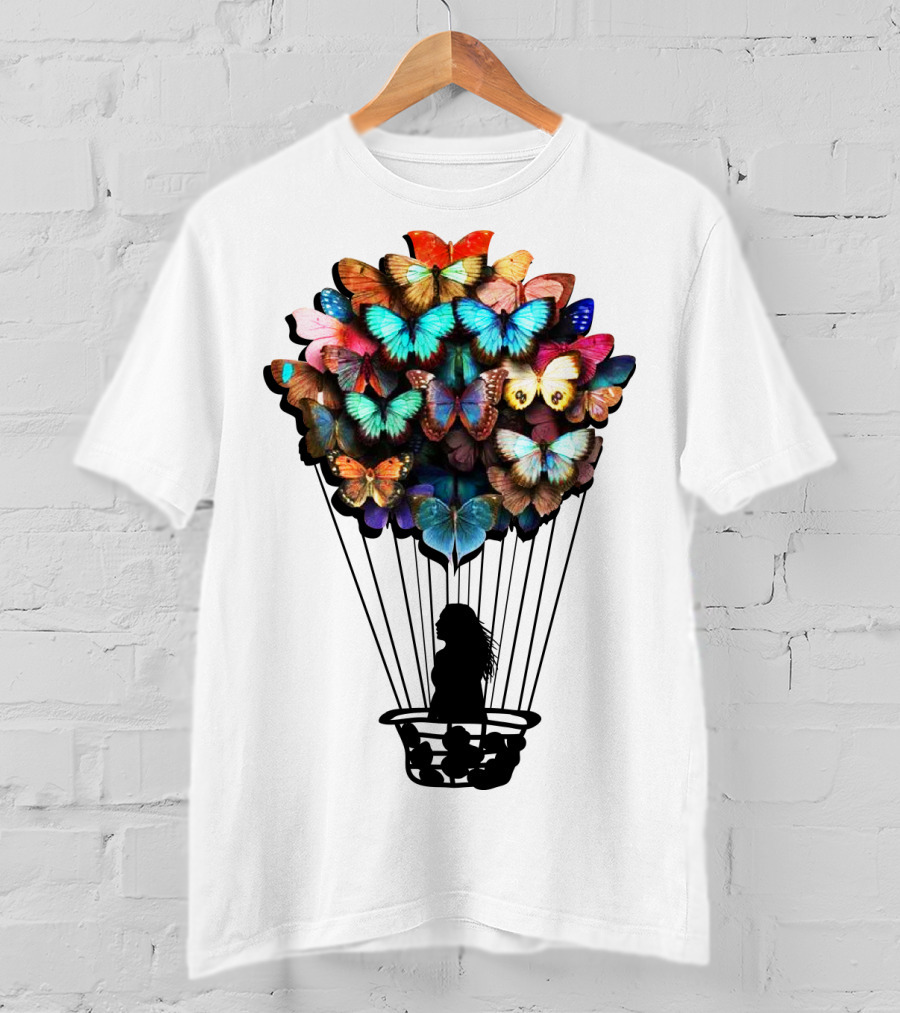 Butterfly BU01 Hot Air Balloon Silhouette With Colorful Wings T-Shirt