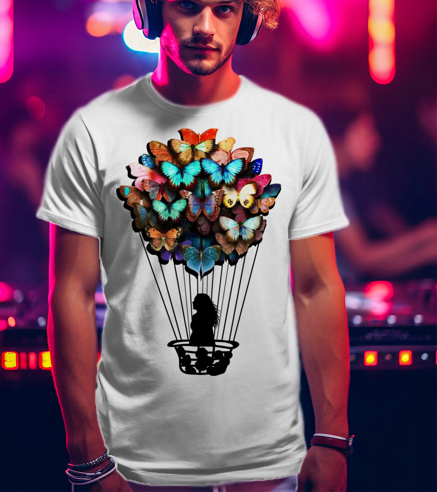 Butterfly BU01 Hot Air Balloon Silhouette With Colorful Wings T-Shirt