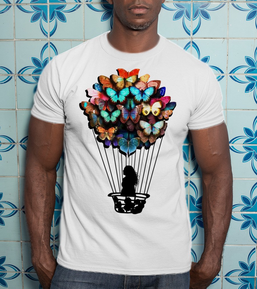 Butterfly BU01 Hot Air Balloon Silhouette With Colorful Wings T-Shirt