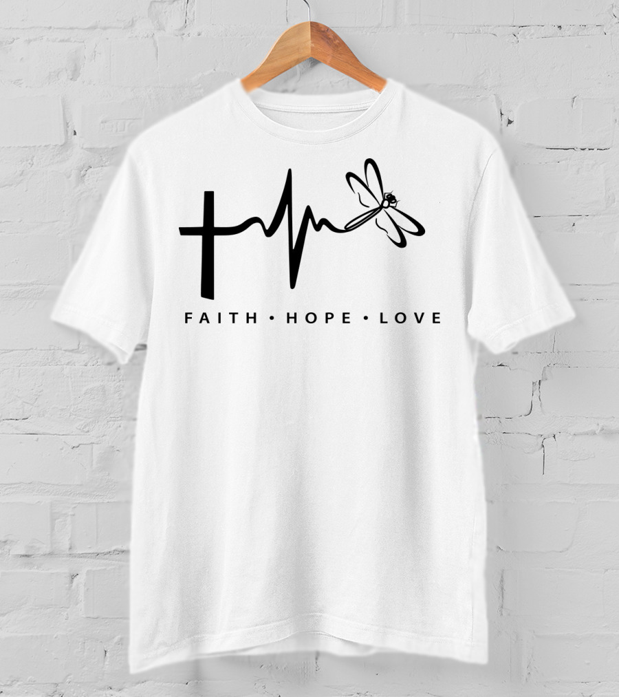 Faith Hope Love Cross Heartbeat Dragonfly T-Shirt